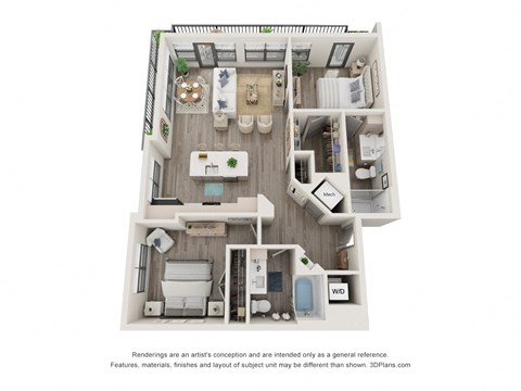 Floor plan for 2 beds, 2 baths, 1134 sqft